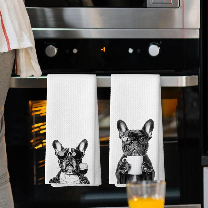 Mcehtle Funny French Bulldog Kitchen Towels Set of 2, Coffee Station Wine Bar Decor, Black and White Dog Owner Gift Hand Towel, Dog Lover Dining Room Kitchen Decorative Tea Towels 16x24 Inch - Image 2